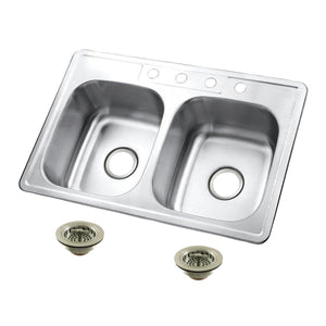 Studio 33-Inch Stainless Steel Self-Rimming Double Bowl Drop-In Kitchen Sink with 4-Hole Drain and Strainer