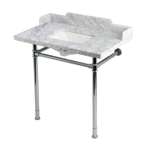 Wesselman 36-Inch Carrara Marble Console Sink with Stainless Steel Legs (8-Inch, 3-Hole)