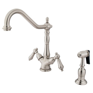 Heritage Two-Handle 2-or-4 Hole Kitchen Faucet with Deck Plate and Brass Sprayer