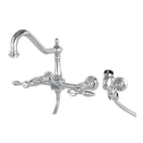 Tudor Two-Handle 2-Hole Wall Mount Bridge Kitchen Faucet with Brass Sprayer