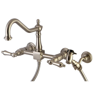 Heritage Double-Handle 3-Hole Wall-Mount Bridge Kitchen Faucet with Brass Sprayer