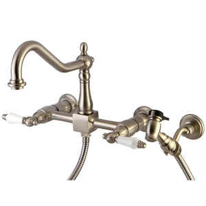 Heritage Two-Handle 2-Hole Wall Mount Bridge Kitchen Faucet with Brass Sprayer