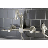 Tudor Two-Handle 2-Hole Wall Mount Bridge Kitchen Faucet with Brass Sprayer