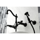 Heritage Two-Handle 2-Hole Wall Mount Bridge Kitchen Faucet with Brass Sprayer