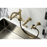 Heritage Two-Handle 2-Hole Wall Mount Bridge Kitchen Faucet with Brass Sprayer