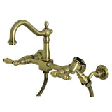 Heritage Two-Handle 2-Hole Wall Mount Bridge Kitchen Faucet with Brass Sprayer