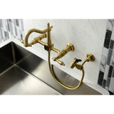 Heritage Two-Handle 2-Hole Wall Mount Bridge Kitchen Faucet with Brass Sprayer