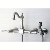 Heritage Two-Handle 2-Hole Wall Mount Bridge Kitchen Faucet with Brass Sprayer