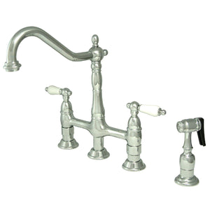 Heritage Two-Handle 4-Hole Deck Mount Bridge Kitchen Faucet with Brass Side Sprayer