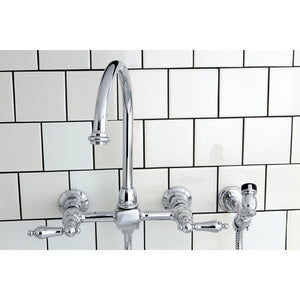 Restoration Two-Handle 2-Hole Wall Mount Bridge Kitchen Faucet with Brass Sprayer