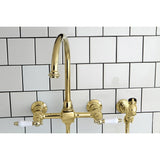 Restoration Two-Handle 2-Hole Wall Mount Bridge Kitchen Faucet with Brass Sprayer