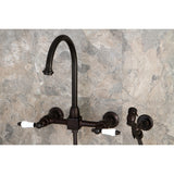 Restoration Two-Handle 2-Hole Wall Mount Bridge Kitchen Faucet with Brass Sprayer