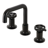 Webb Two-Handle 3-Hole Deck Mount Widespread Bathroom Faucet with Knurled Handle and Push Pop-Up Drain