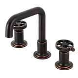 Webb Two-Handle 3-Hole Deck Mount Widespread Bathroom Faucet with Knurled Handle and Push Pop-Up Drain