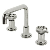 Webb Two-Handle 3-Hole Deck Mount Widespread Bathroom Faucet with Knurled Handle and Push Pop-Up Drain