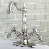 Tudor Double-Handle 1-or-3 Hole Deck Mount 4-Inch Centerset Bathroom Faucet with Brass Pop-Up