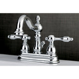 Tudor Double-Handle 3-Hole Deck Mount 4-Inch Centerset Bathroom Faucet with Brass Pop-Up