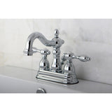 Tudor Double-Handle 3-Hole Deck Mount 4-Inch Centerset Bathroom Faucet with Brass Pop-Up