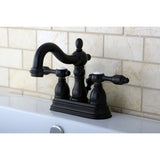 Tudor Double-Handle 3-Hole Deck Mount 4-Inch Centerset Bathroom Faucet with Brass Pop-Up