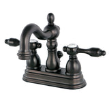 Tudor Double-Handle 3-Hole Deck Mount 4-Inch Centerset Bathroom Faucet with Brass Pop-Up