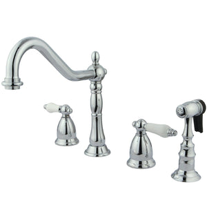 Heritage Two-Handle 4-Hole Deck Mount Widespread Kitchen Faucet with Brass Sprayer