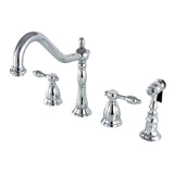 Tudor Two-Handle 4-Hole Deck Mount Widespread Kitchen Faucet with Brass Sprayer