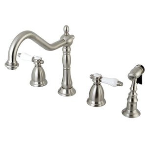 Bel-Air Two-Handle 4-Hole Deck Mount Widespread Kitchen Faucet with Brass Sprayer