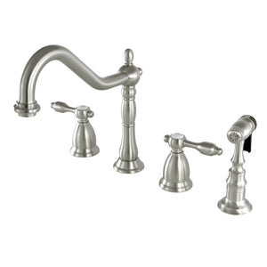 Tudor Two-Handle 4-Hole Deck Mount Widespread Kitchen Faucet with Brass Sprayer