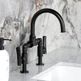 Hallerbos Two-Handle 4-Hole Deck Mount Bridge Bathroom Faucet with Brass Pop-Up Drain