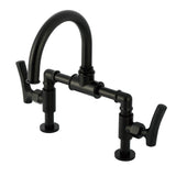 Hallerbos Two-Handle 4-Hole Deck Mount Bridge Bathroom Faucet with Brass Pop-Up Drain