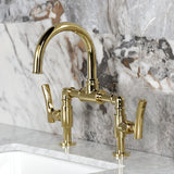 Hallerbos Two-Handle 4-Hole Deck Mount Bridge Bathroom Faucet with Brass Pop-Up Drain