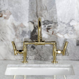 Hallerbos Two-Handle 4-Hole Deck Mount Bridge Bathroom Faucet with Brass Pop-Up Drain