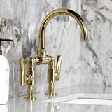 Hallerbos Two-Handle 4-Hole Deck Mount Bridge Bathroom Faucet with Brass Pop-Up Drain