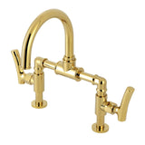 Hallerbos Two-Handle 4-Hole Deck Mount Bridge Bathroom Faucet with Brass Pop-Up Drain