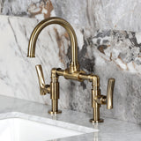 Hallerbos Two-Handle 4-Hole Deck Mount Bridge Bathroom Faucet with Brass Pop-Up Drain