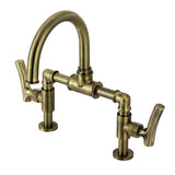 Hallerbos Two-Handle 4-Hole Deck Mount Bridge Bathroom Faucet with Brass Pop-Up Drain