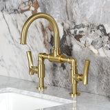 Hallerbos Two-Handle 4-Hole Deck Mount Bridge Bathroom Faucet with Brass Pop-Up Drain