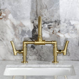 Hallerbos Two-Handle 4-Hole Deck Mount Bridge Bathroom Faucet with Brass Pop-Up Drain