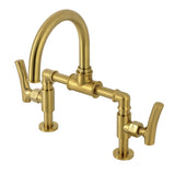 Hallerbos Two-Handle 4-Hole Deck Mount Bridge Bathroom Faucet with Brass Pop-Up Drain