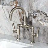 Hallerbos Two-Handle 4-Hole Deck Mount Bridge Bathroom Faucet with Brass Pop-Up Drain