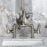 Hallerbos Two-Handle 4-Hole Deck Mount Bridge Bathroom Faucet with Brass Pop-Up Drain