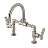 Hallerbos Two-Handle 4-Hole Deck Mount Bridge Bathroom Faucet with Brass Pop-Up Drain