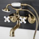 Kingston Three-Handle 2-Hole Wall Mount Clawfoot Tub Faucet with Hand Shower