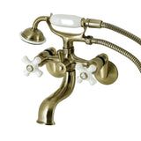 Kingston Three-Handle 2-Hole Wall Mount Clawfoot Tub Faucet with Hand Shower