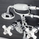 Kingston Three-Handle 2-Hole Wall Mount Clawfoot Tub Faucet with Hand Shower