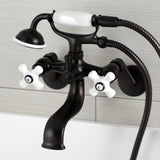 Kingston Three-Handle 2-Hole Wall Mount Clawfoot Tub Faucet with Hand Shower