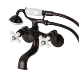 Kingston Three-Handle 2-Hole Wall Mount Clawfoot Tub Faucet with Hand Shower