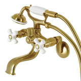 Kingston Three-Handle 2-Hole Wall Mount Clawfoot Tub Faucet with Hand Shower