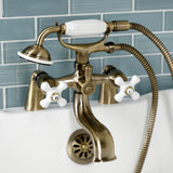 Kingston Three-Handle 2-Hole Deck Mount Clawfoot Tub Faucet with Hand Shower