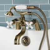 Kingston Three-Handle 2-Hole Deck Mount Clawfoot Tub Faucet with Hand Shower